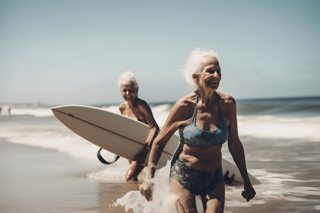 Foto aktive ältere frauen surfen in den wellen des ozeans