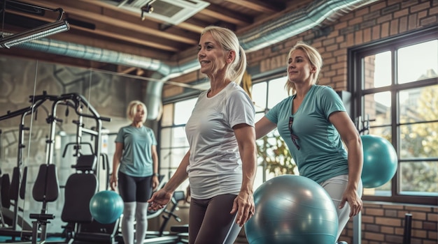 Aktive ältere Menschen nehmen mit einem Physiotherapeuten an der Bewegung teil, um eine gesunde Lebensweise zu fördern