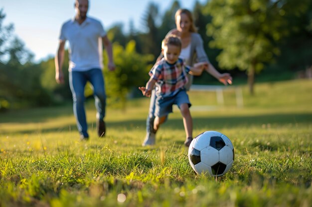 Aktive Familie spielt in ihrer Freizeit Fußball