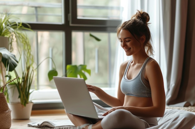 Aktive Frau macht Fitness zu Hause und schaut sich Online-Unterricht an