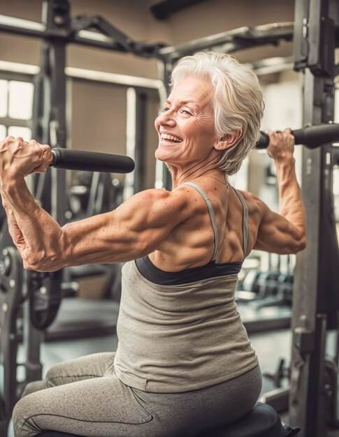 Aktive, fröhliche ältere Frau, die im Fitnessstudio Sport treibt