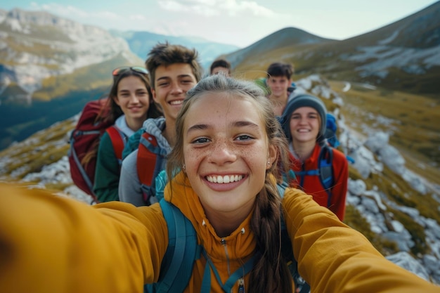 Aktive junge Kinder, Teenager, die im Sommerlager in den Bergen wandern
