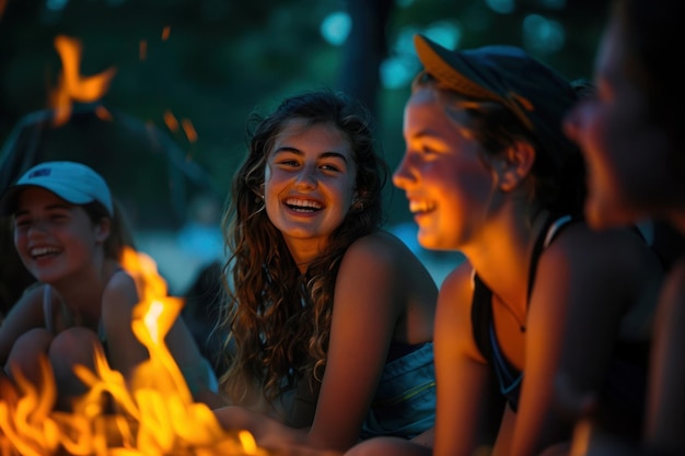 Aktive junge Kinder und Teenager bei einem Lagerfeuer im Sommerlager