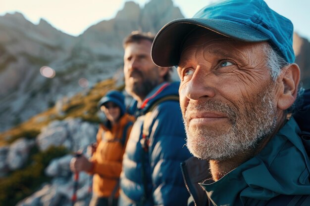 Aktive reife Senioren, die in den Bergen wandern