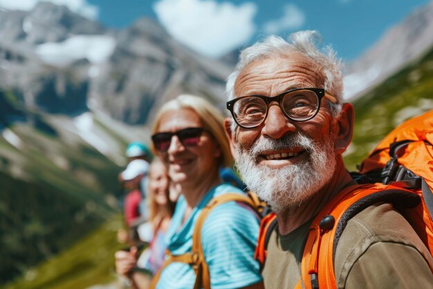 Aktive reife Senioren, die in den Bergen wandern