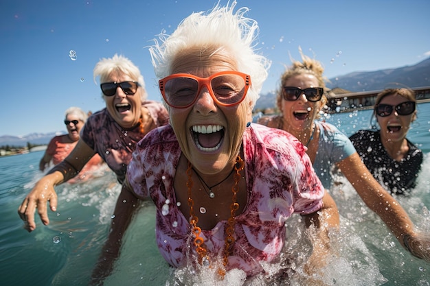 Aktive sehr glückliche ältere Frau mit Freunden Menschen auf Wasserhintergrund