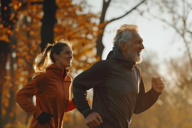 Aktive Senioren machen gemeinsam einen Jogging im Herbstpark