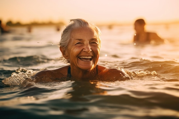 Aktive Seniorin schwimmt bei Sonnenuntergang im Meer und genießt und entspannt die generative KI