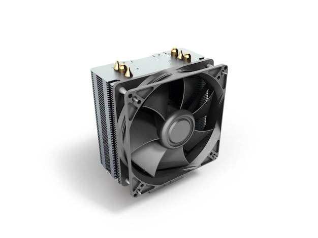 Aktiver CPU-Kühler mit dem Aluminium-Finned-Heatsink und dem Fan 3D-Render auf Weiß