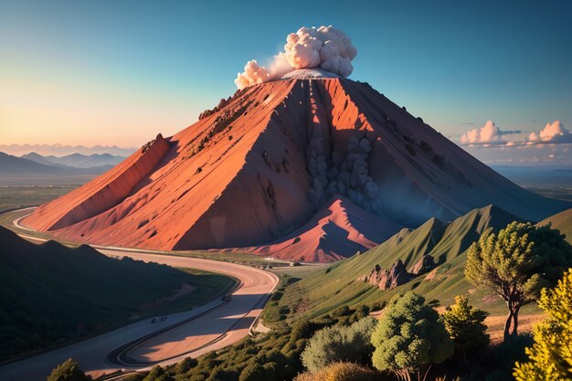 Foto aktiver vulkan bricht aus und spuckt lava aus. vulkanisches landbild zeigt tapetenhintergrund