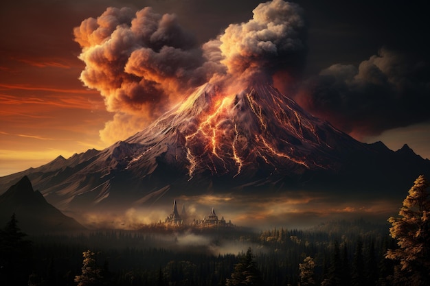 Aktiver Vulkan wirft Rauch und Asche in den Himmel und erzeugt IA
