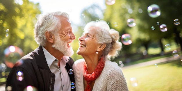 Aktives älteres Paar, das Spaß daran hat, im Park Seifenblasen zu blasen