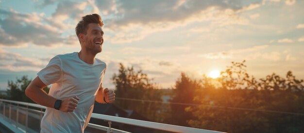 Foto aktives leben unter der sonne energischer mann, der sommersport treibt, energisch in der nähe des parks läuft