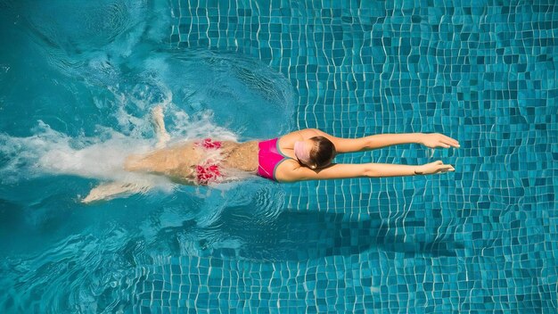 Aktives Mädchen im Schwimmbad, Luftansicht von einer Drohne von oben, junge Frau schwimmt im blauen Wasser Tropica