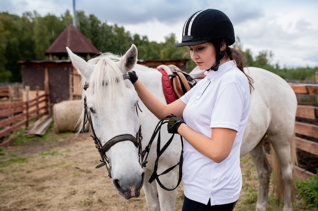 Aktives Mädchen in Reithelm und weißem Poloshirt und ihrem Rennpferd, das Feld in ländlicher Umgebung nach unten bewegt