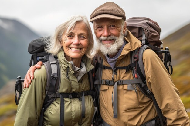 Aktives pensioniertes Paar wandert im Herbst in den Bergen im Freien Generative KI