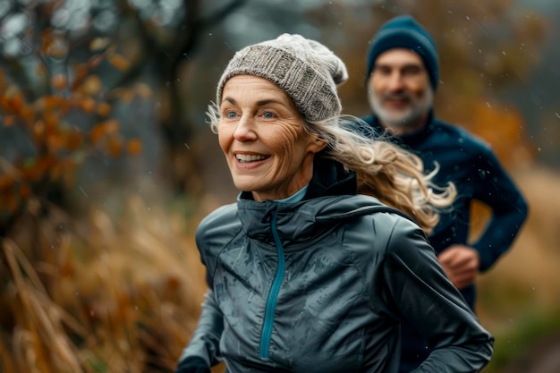 Aktives Seniorenpaar, das einen gesunden Lebensstil durch Laufen im Freien und Fitness in der Natur verfolgt