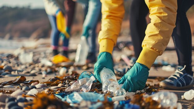 Foto aktivisten sammeln plastikmüll am strand männer und frauen reinigen den strand mit taschen