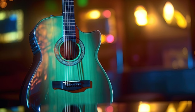 Akustikgitarre in einer Bar mit Lichtern im Stil von hellem Blaugrün und dunklem Gelb