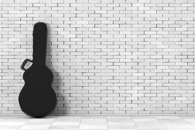 Akustikgitarre Schwarz Leder Hardcase vor der Mauer. 3D-Rendering