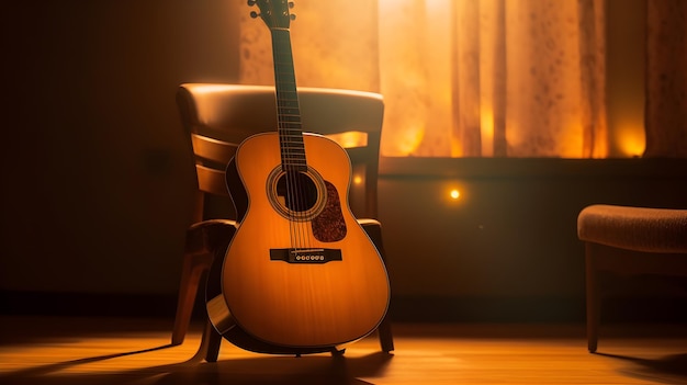 Foto akustische gitarre auf glänzendem wandhintergrund