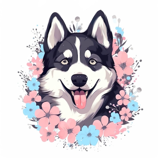 Akute lächelnde Husky-Hund-Blumenillustration, AI generiert