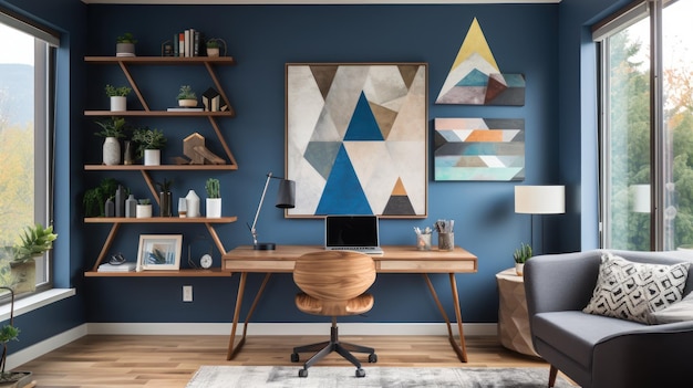 Akzentwand im Heimbüro mit geometrischen Mustern und schwebenden Regalen