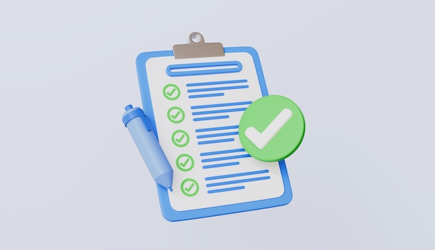 Akzeptierte Dokumenten-Checkliste und Aufnahmeliste mit Kontrollzeichen und Kreuzzeichen 3D-Rendering-Illustration