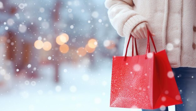 Al aire libre joven hermosa mujer de moda con elegante abrigo de invierno sosteniendo una bolsa de compras roja posando en un espacio de copia de la calle de la ciudad nevada
