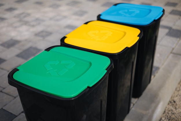 Al aire libre en el parque hay contenedores de reciclaje de diferentes colores contenedores de plástico cerrados de árbol verde yeallow y