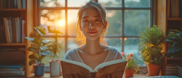 Al amanecer, una joven en una casa de huéspedes rural está leyendo un libro o la Biblia junto a la ventana mientras disfruta de la belleza de las montañas