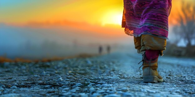 Foto al amanecer, una mujer destituida camina sola revelando su pobreza a través de sus botas y calcetines desgastados concepto pobreza sin techo injusticia social empatía resiliencia