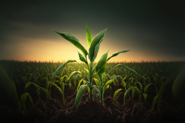 Al anochecer, el maíz verde joven crece en un campo, las plantas jóvenes de maíz