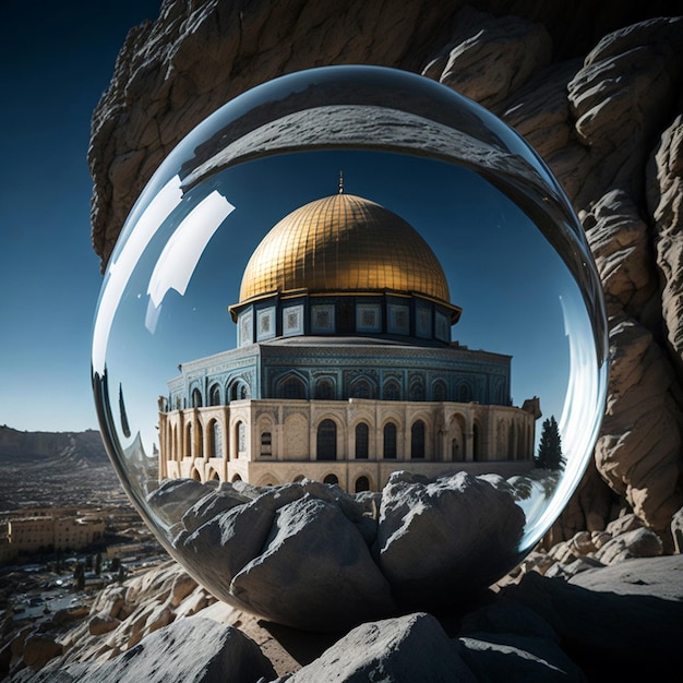 al aqsa em uma bola de vidro dentro sobre a Rocha ao longo do horizonte de Jerusalém