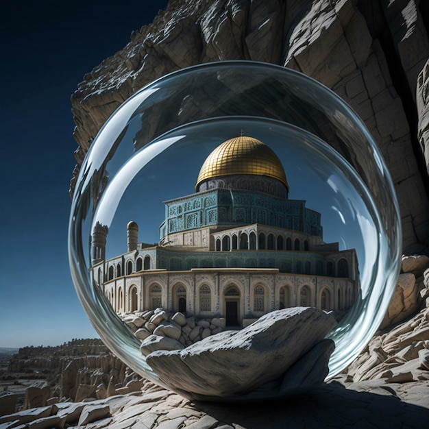 al-Aqsa in einer Glaskugel im Inneren über dem Felsen entlang der Skyline von Jerusalem