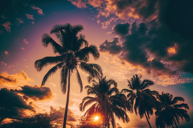 Al atardecer palmeras altas y un hermoso cielo con nubes