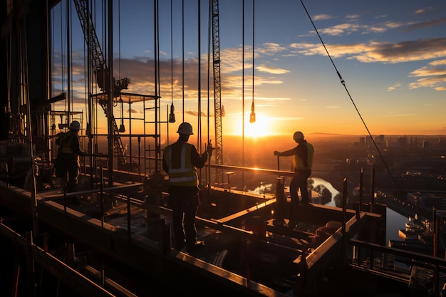 Al atardecer, las siluetas del sitio de construcción incluyen grúas y trabajadores diligentes