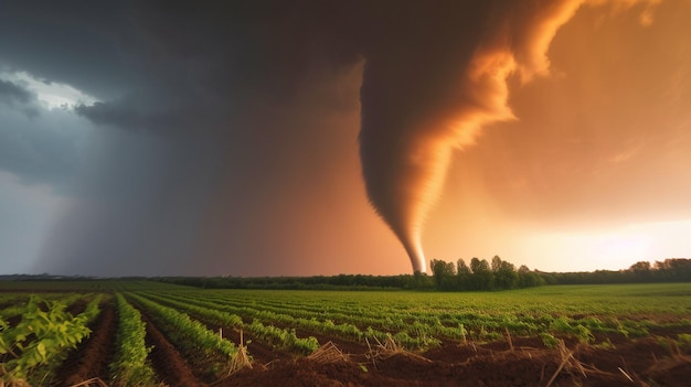 Al atardecer, un tornado golpeó campos agrícolas según Generative AI