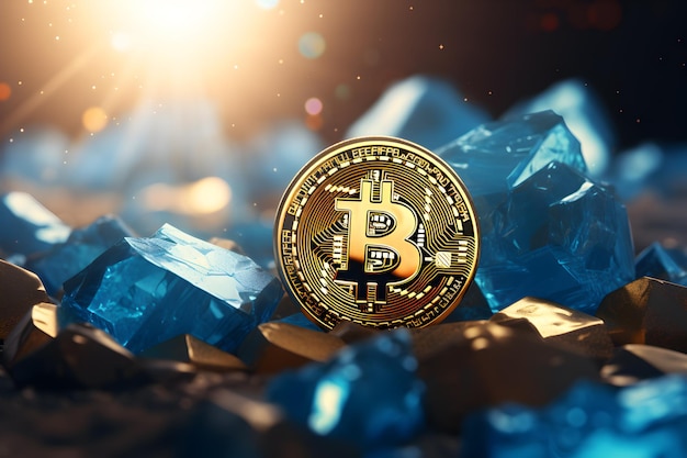 Foto al estilo de la holografía azul cielo y bronce bitcoin