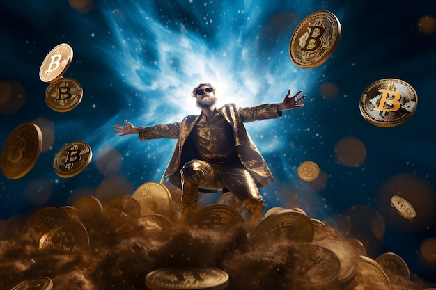 Foto al estilo de la holografía azul cielo y bronce bitcoin