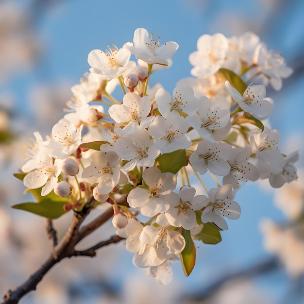 Al fondo, un árbol de flores blancas y hojas verdes.