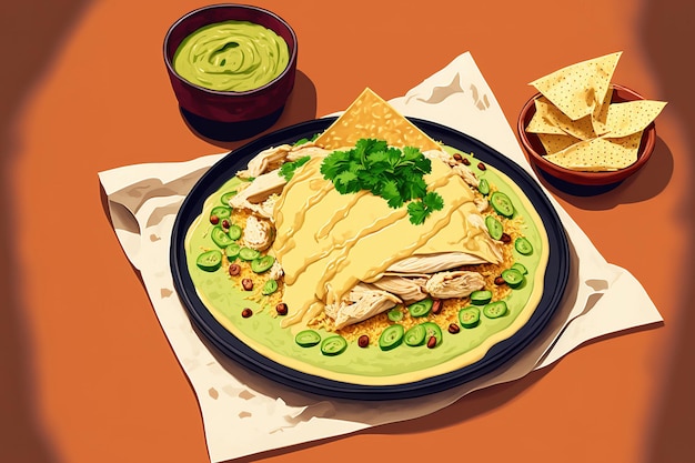 Al lado se coloca una tortilla de nacho de pollo con salsa de crema y salsa de guacamole