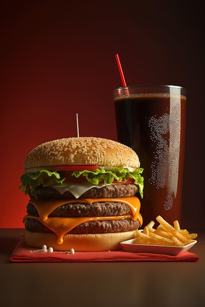 Al lado hay una hamburguesa grande y un vaso de cola.