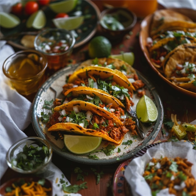 Foto al pastor tacos en una mesa mexicana con otros platos y bebidas alrededor