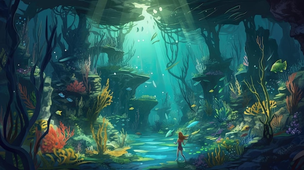 Al sumergirse profundamente en el mundo submarino encantado, los exploradores descubren un reino impresionante lleno de vida marina colorida y tesoros ocultos Generado por IA