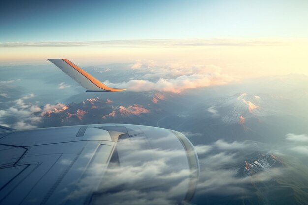 Un ala de un avión contra una vista panorámica