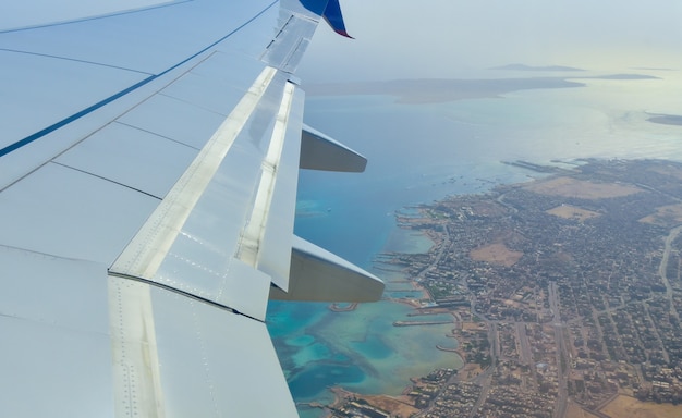 Ala de avión en el fondo del mar azul con corales.