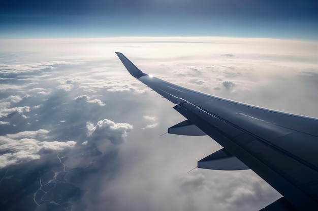 El ala de un avión se ve desde la ventana de un avión.