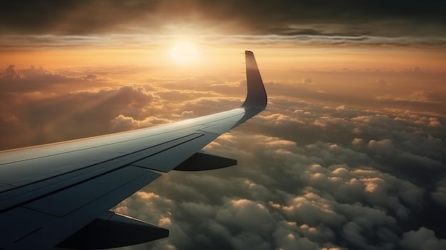 Ala de un avión volando por encima de las nubes al atardecer generativo ai