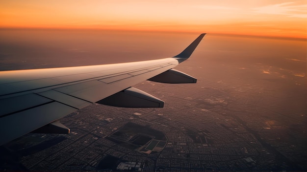 Un ala de avión volando sobre una ciudad al atardecer